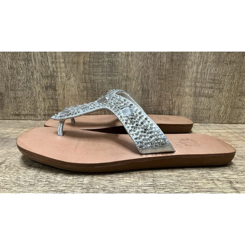 Yellow Box women size 6 silver leather thong flip flops sandals with jewels - Picture 3 of 13